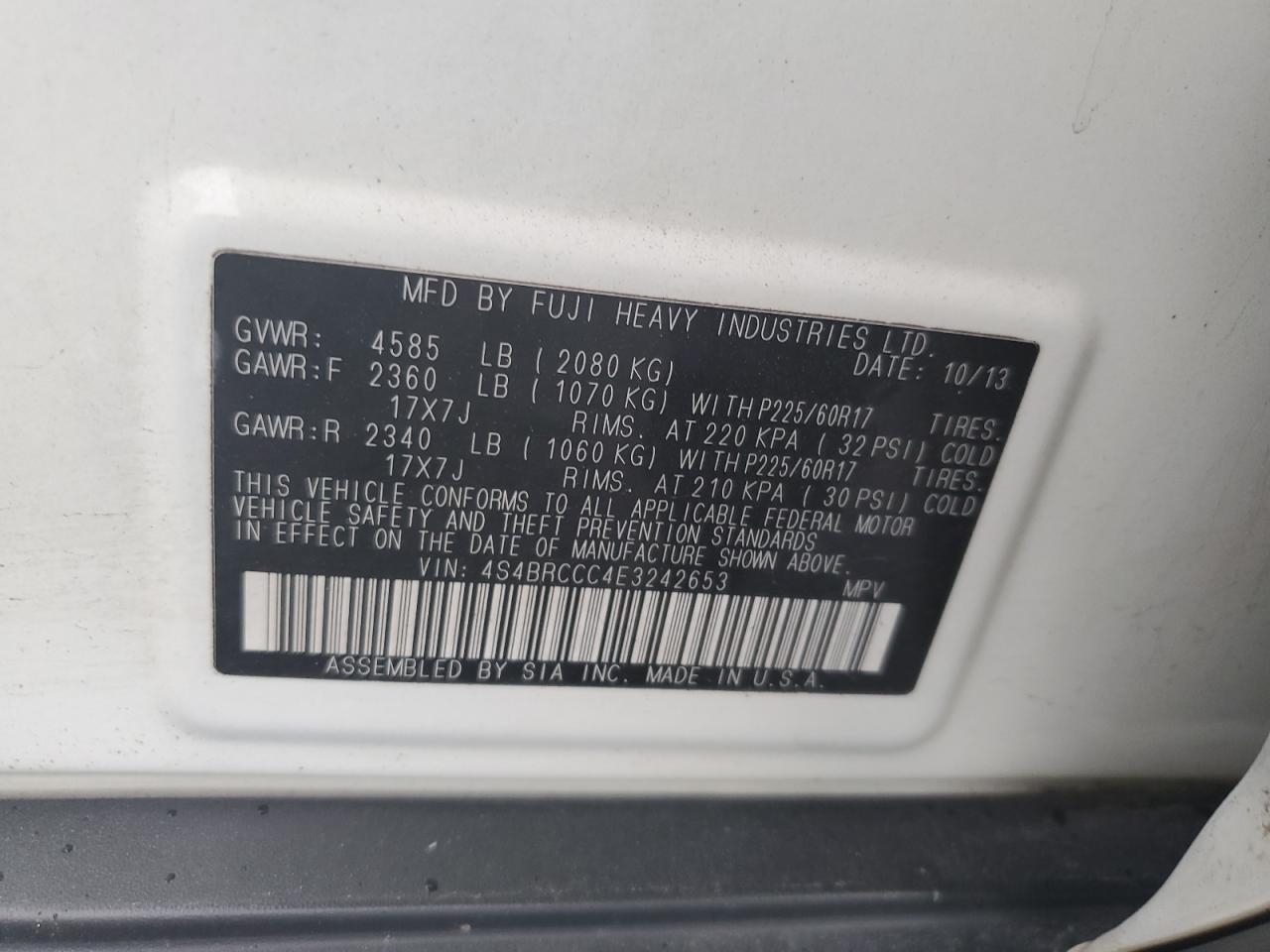 4S4BRCCC4E3242653 2014 Subaru Outback 2.5I Premium