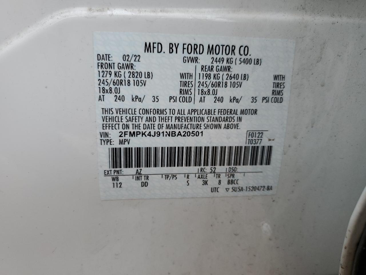 2FMPK4J91NBA20501 2022 Ford Edge Sel