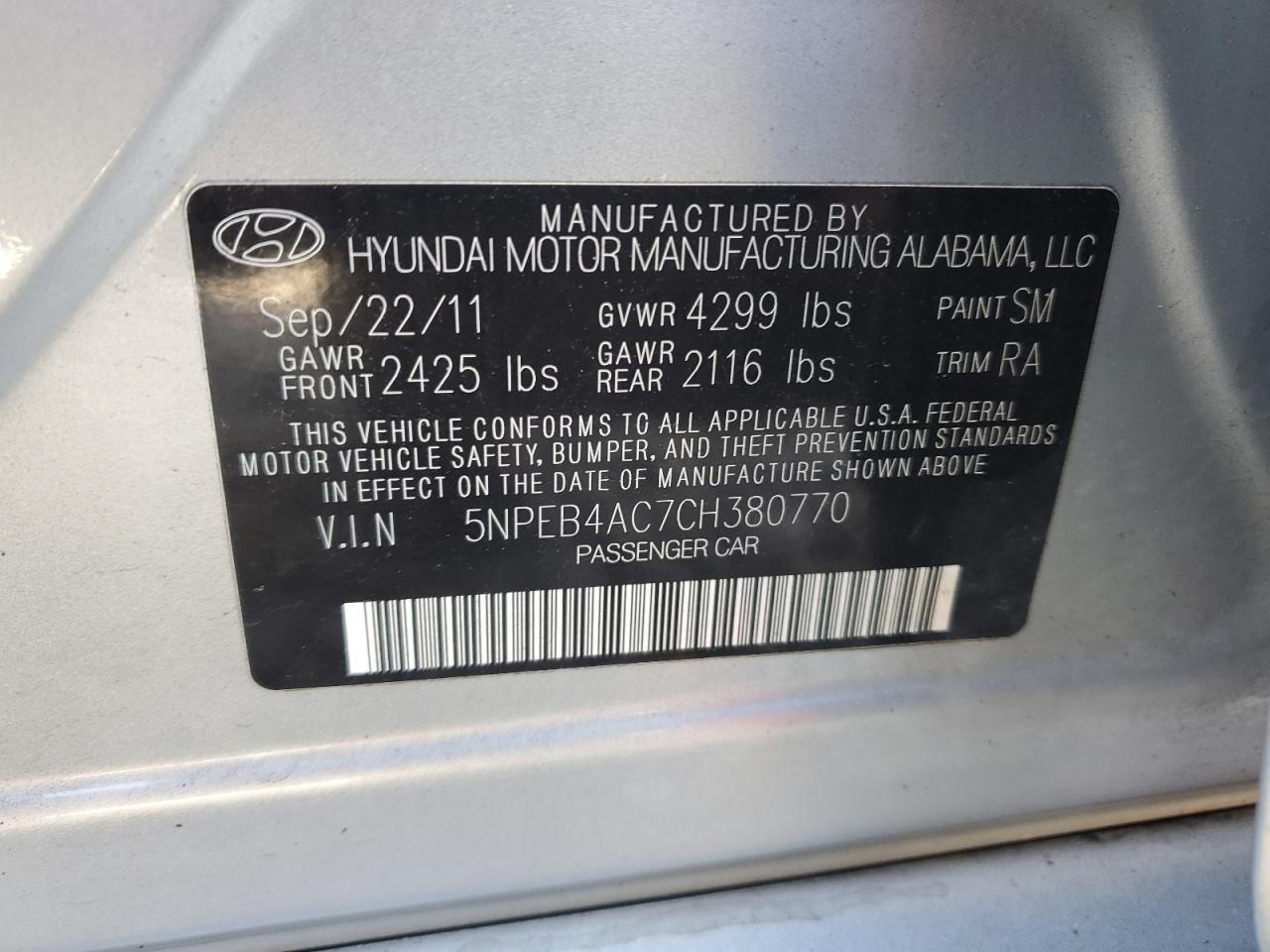 5NPEB4AC7CH380770 2012 Hyundai Sonata Gls