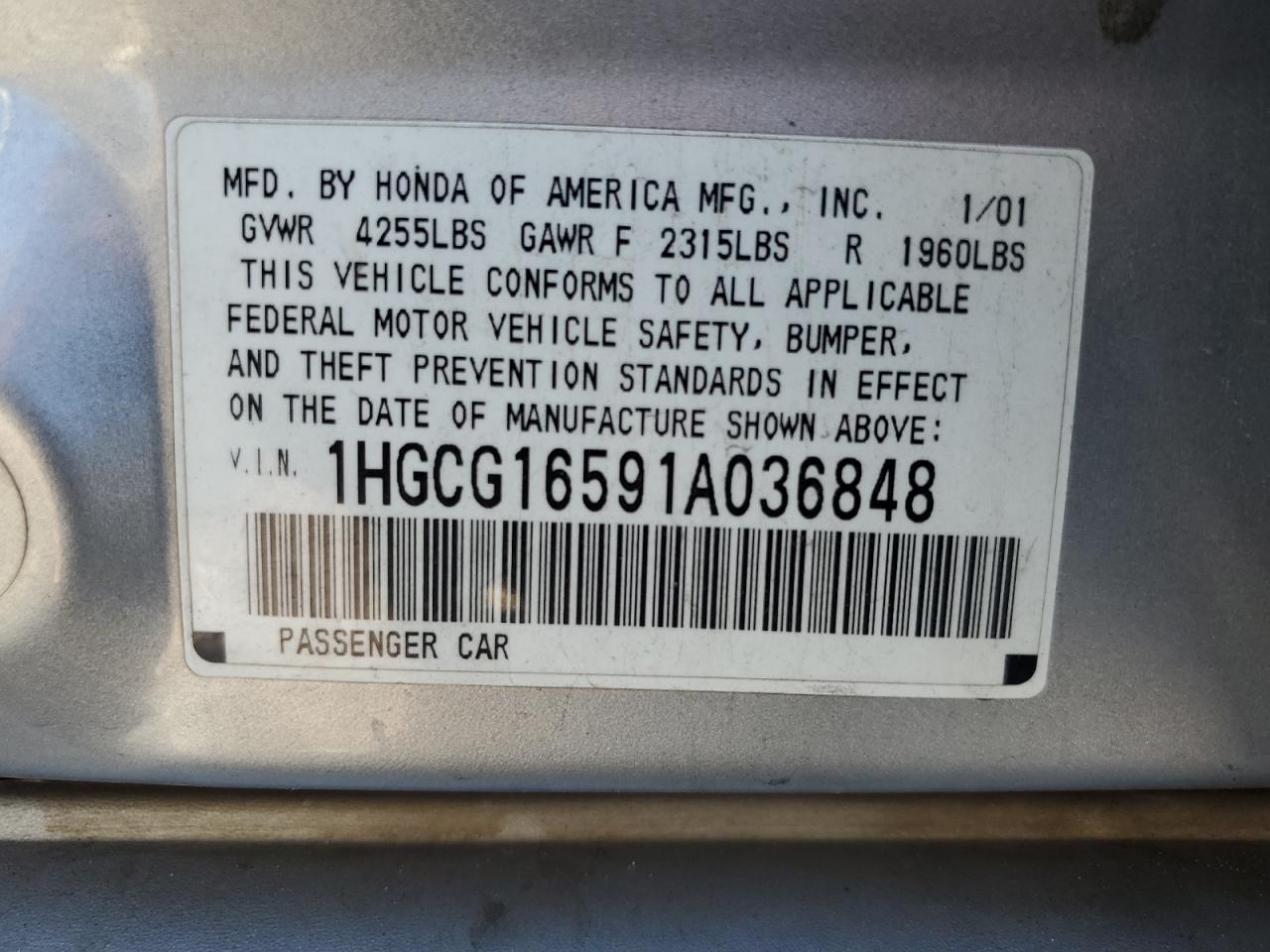 1HGCG16591A036848 2001 Honda Accord Ex