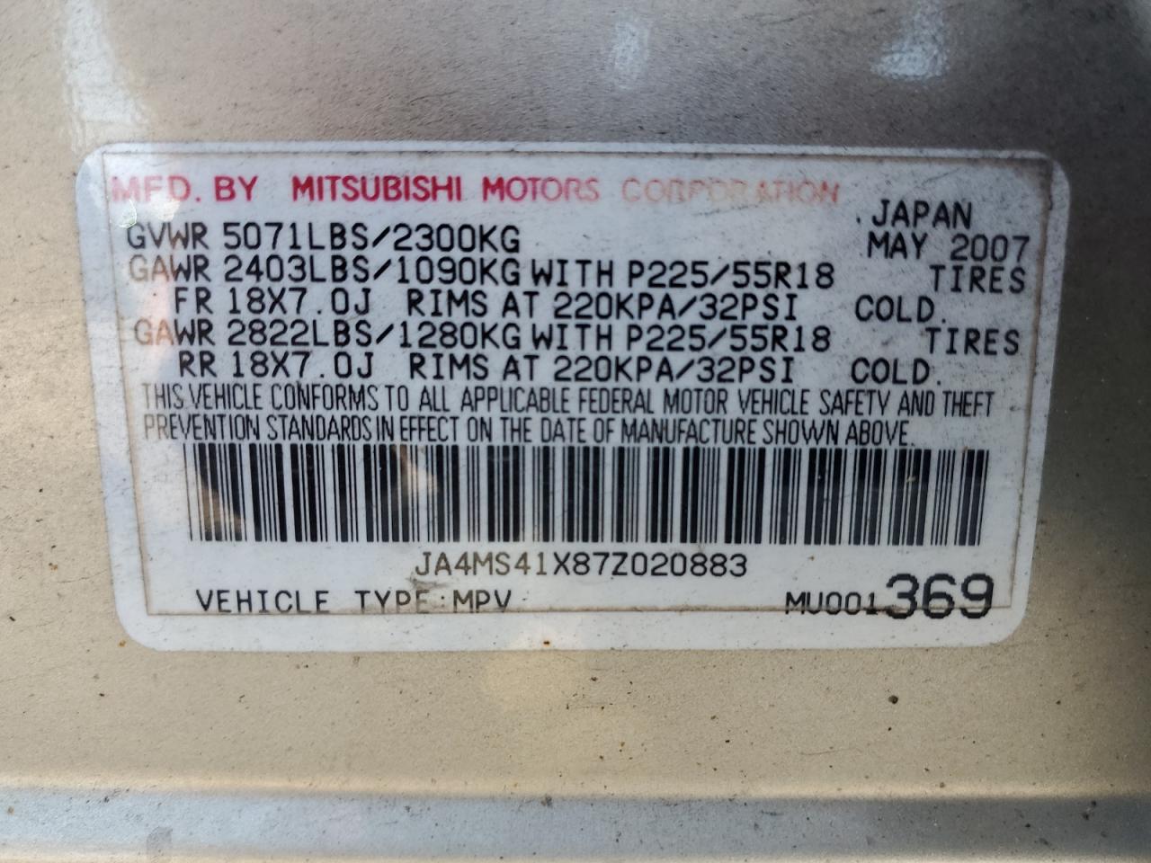 JA4MS41X87Z020883 2007 Mitsubishi Outlander Xls