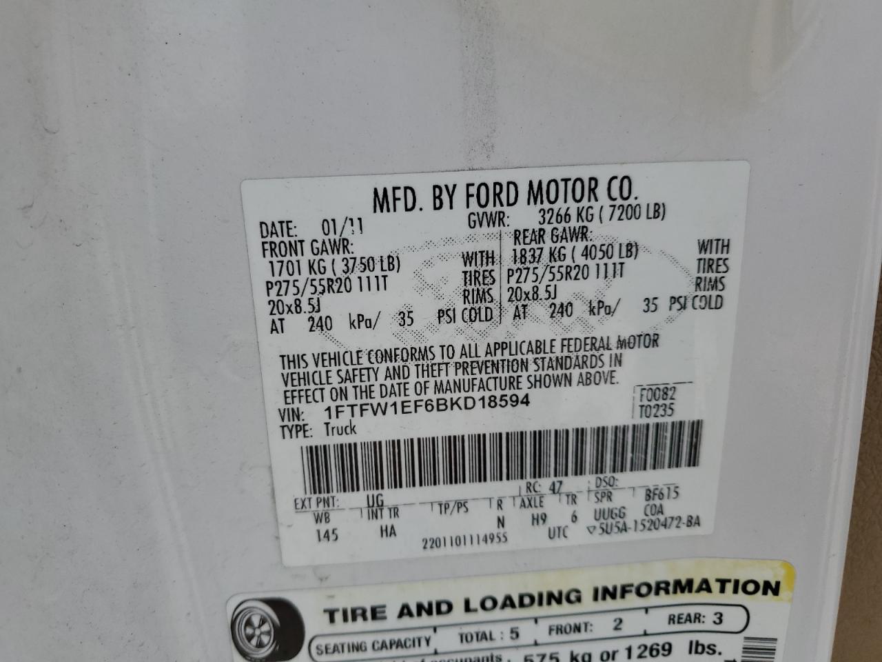 1FTFW1EF6BKD18594 2011 Ford F150 Supercrew