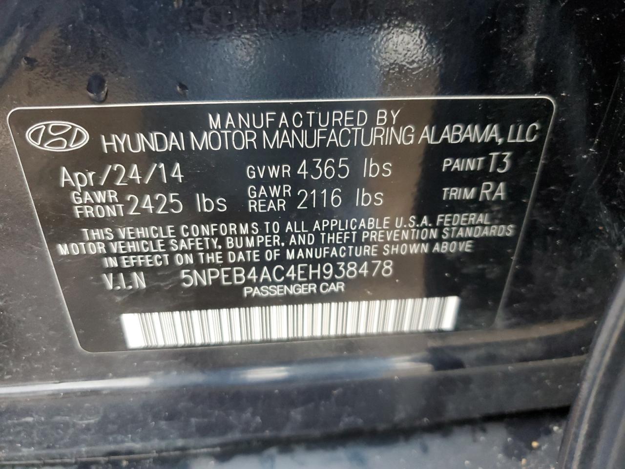 5NPEB4AC4EH938478 2014 Hyundai Sonata Gls
