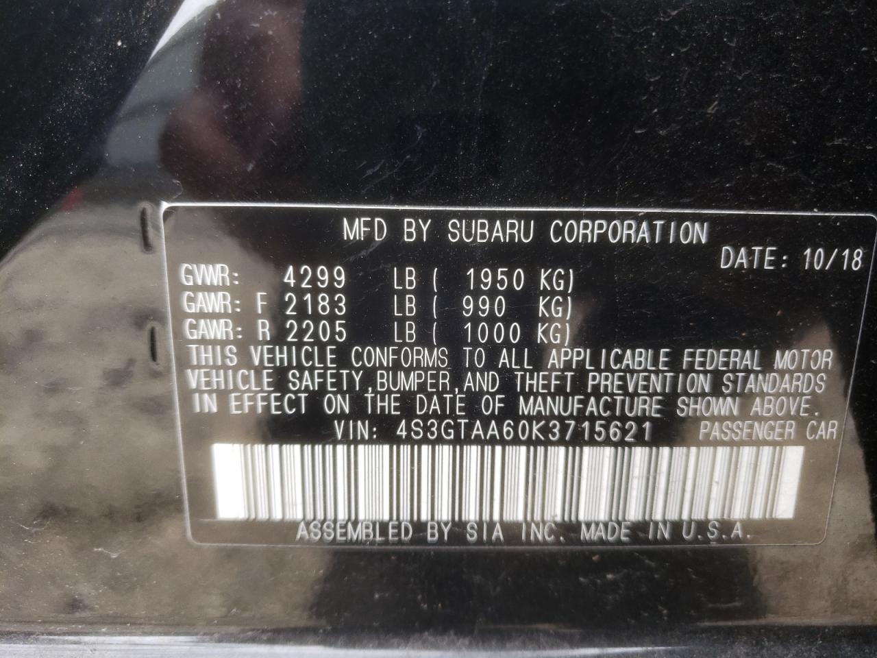 4S3GTAA60K3715621 2019 Subaru Impreza