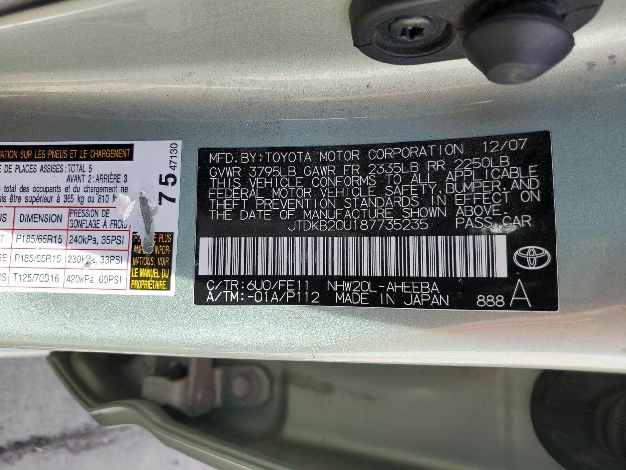 JTDKB20U187735235 2008 Toyota Prius