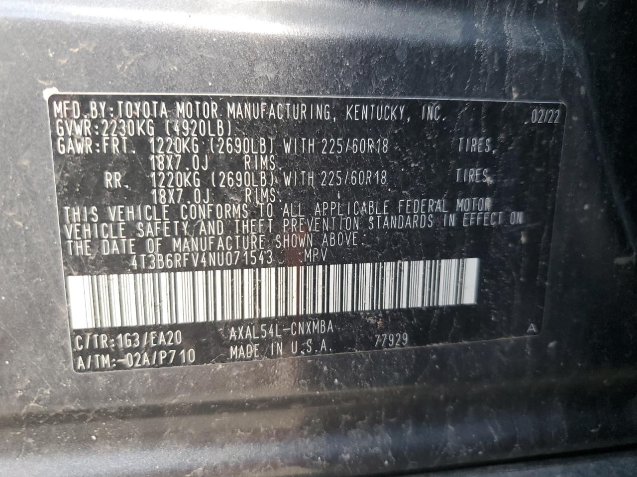 4T3B6RFV4NU071543 2022 Toyota Rav4 Xle Premium