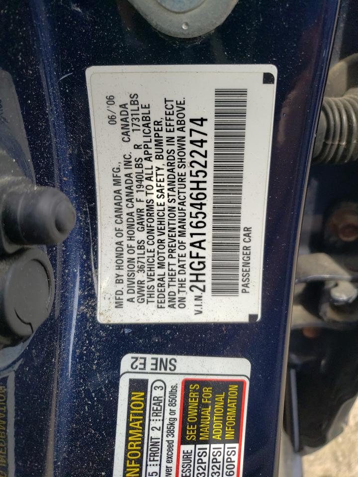 2HGFA16546H522474 2006 Honda Civic Lx