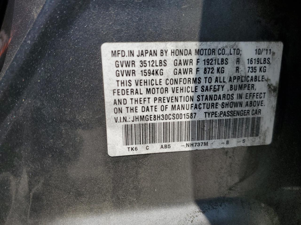 JHMGE8H30CS001587 2012 Honda Fit