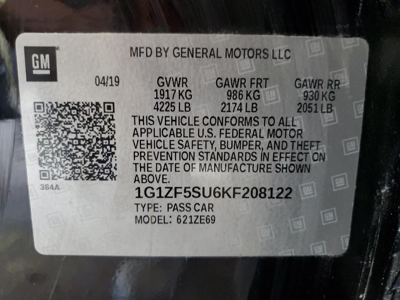 1G1ZF5SU6KF208122 2019 Chevrolet Malibu Hybrid