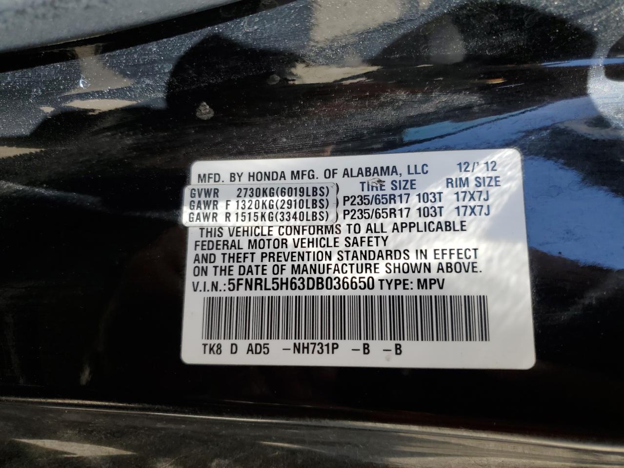 5FNRL5H63DB036650 2013 Honda Odyssey Exl