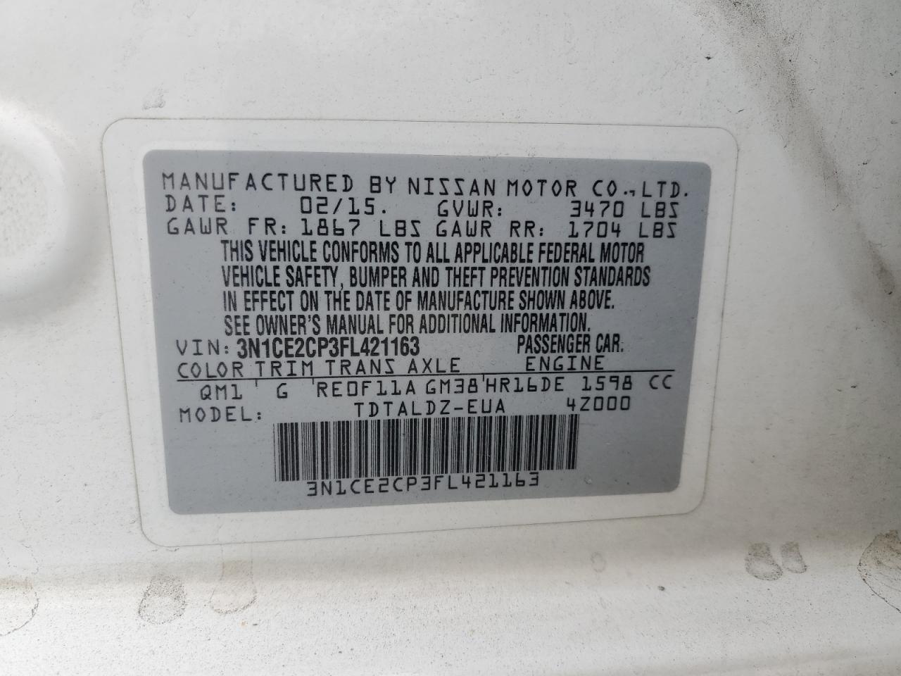 3N1CE2CP3FL421163 2015 Nissan Versa Note S