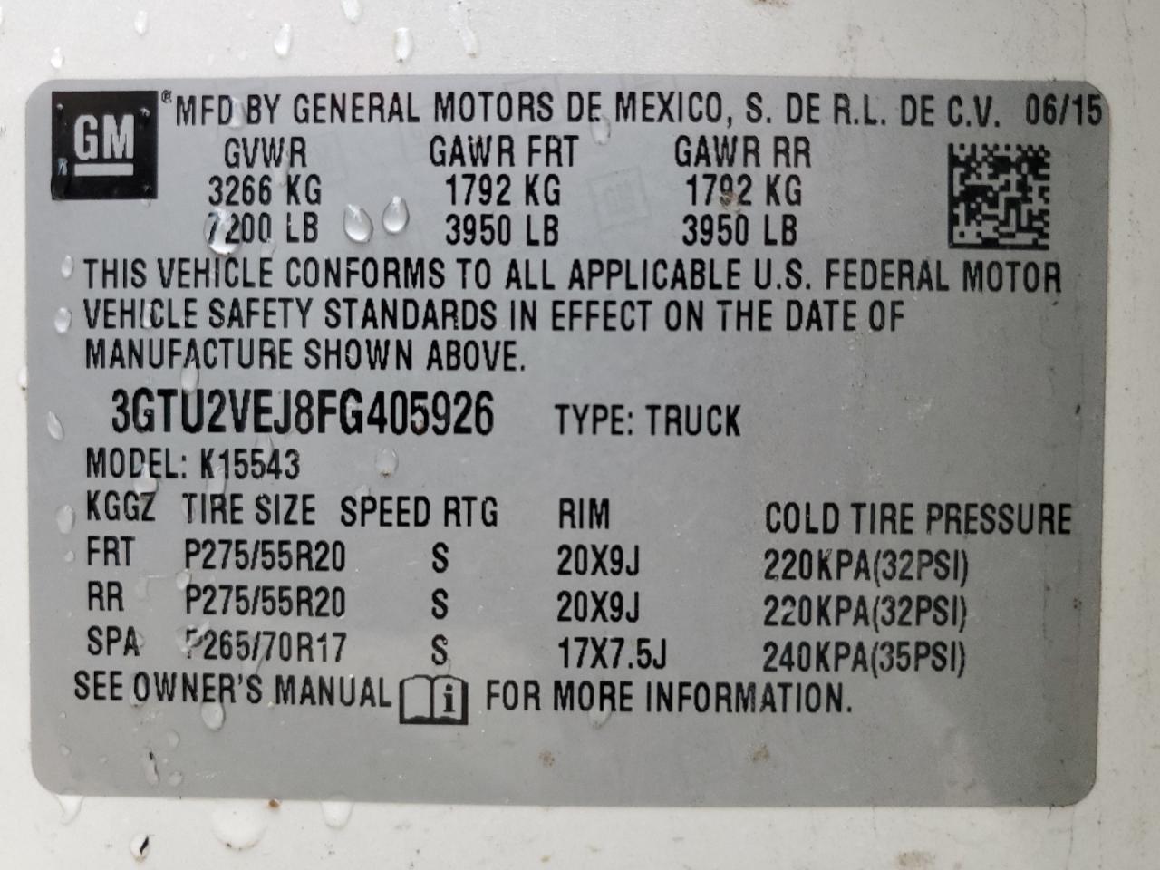 3GTU2VEJ8FG405926 2015 GMC Sierra K1500 Slt