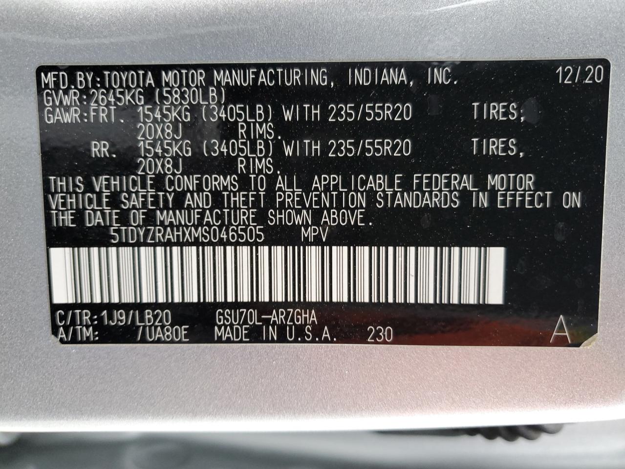 5TDYZRAHXMS046505 2021 Toyota Highlander Limited