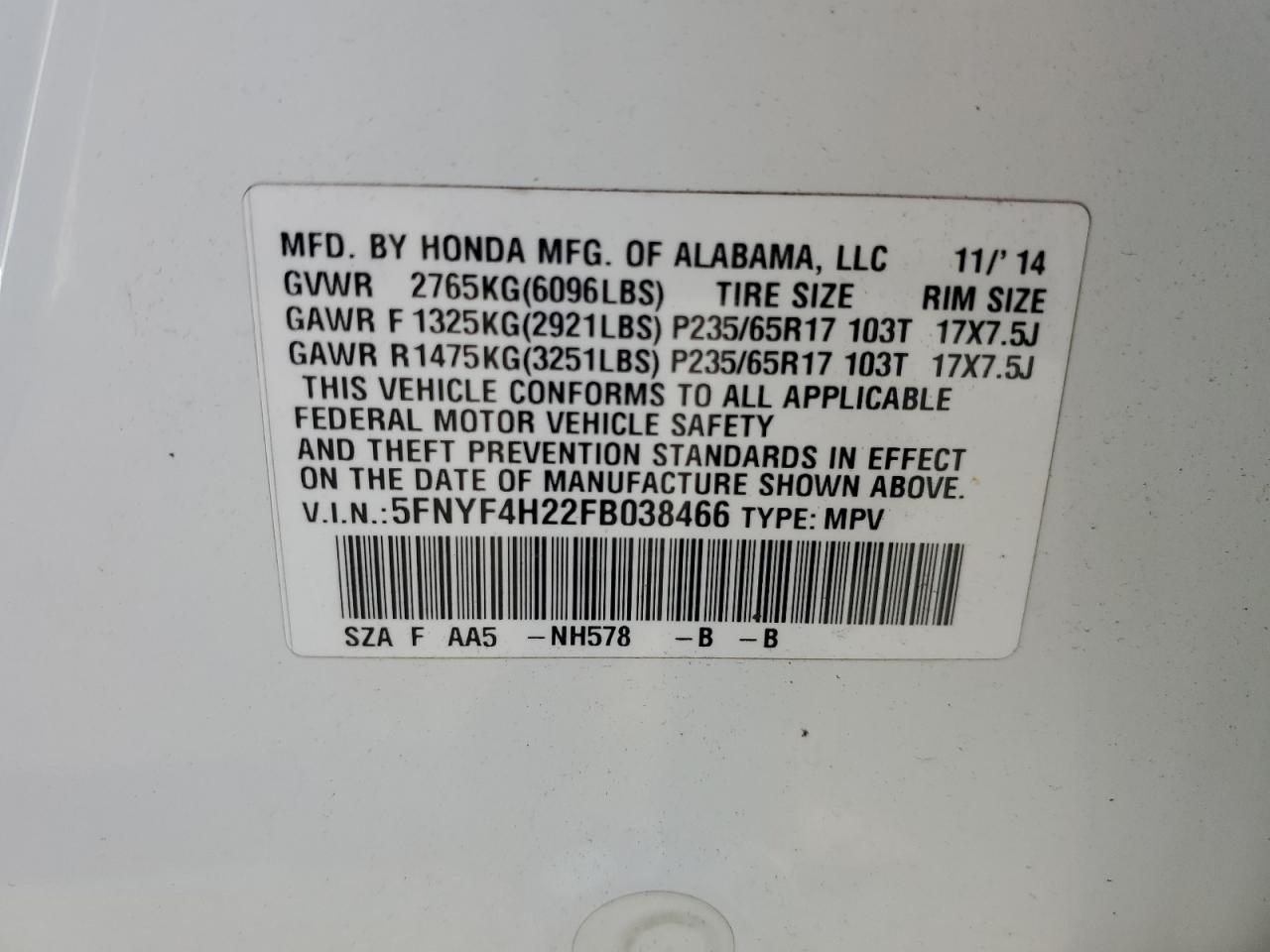 5FNYF4H22FB038466 2015 Honda Pilot Lx