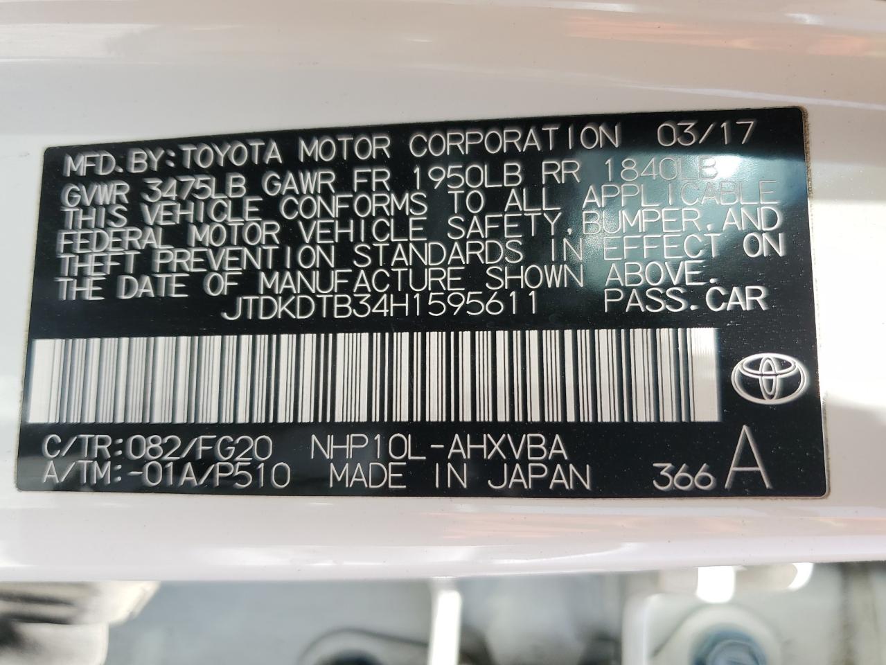 JTDKDTB34H1595611 2017 Toyota Prius C