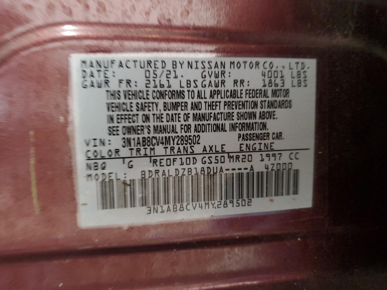 3N1AB8CV4MY289502 2021 Nissan Sentra Sv