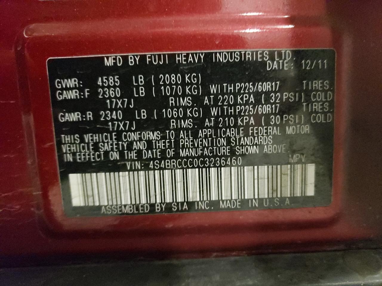 4S4BRCCC0C3236460 2012 Subaru Outback 2.5I Premium