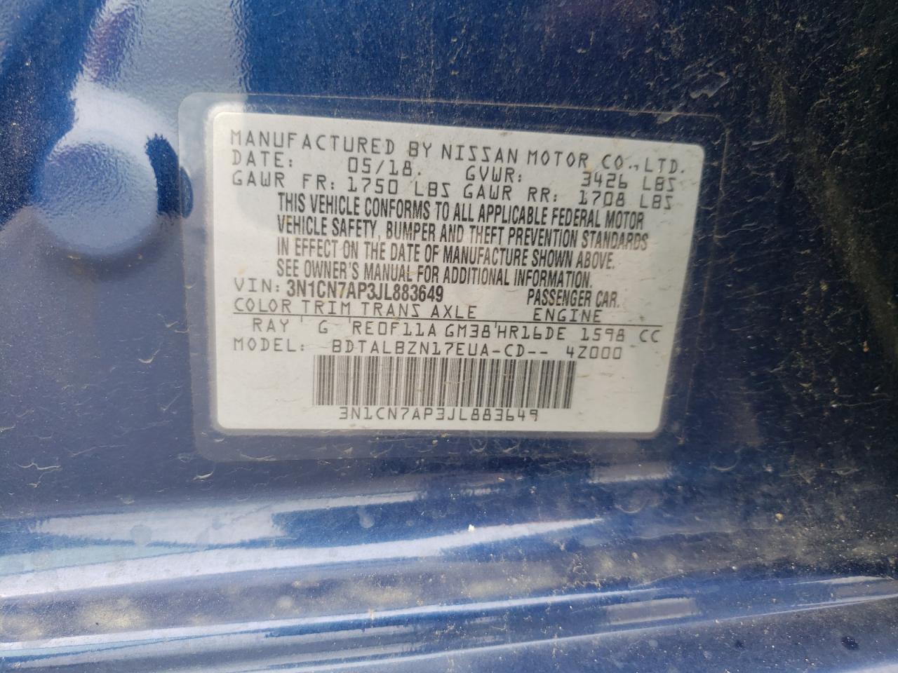 3N1CN7AP3JL883649 2018 Nissan Versa S