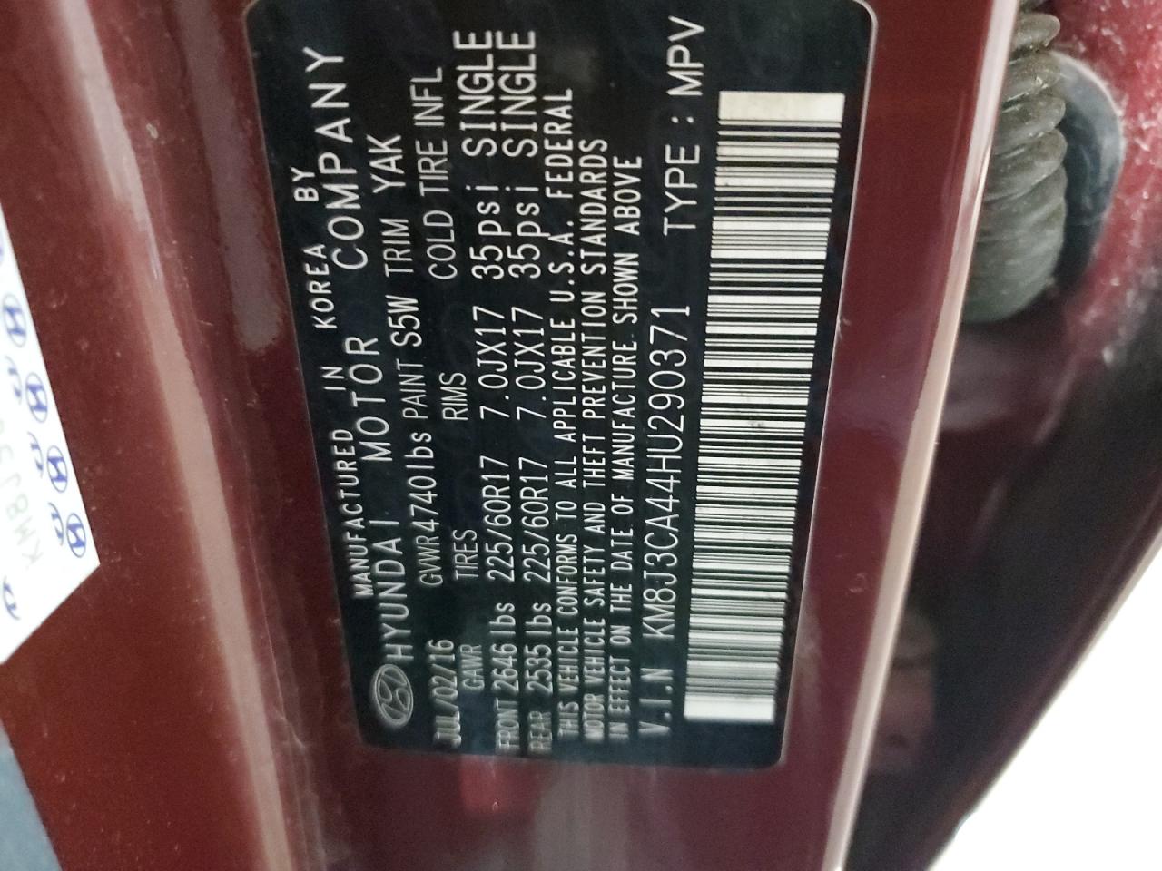 KM8J3CA44HU290371 2017 Hyundai Tucson Limited