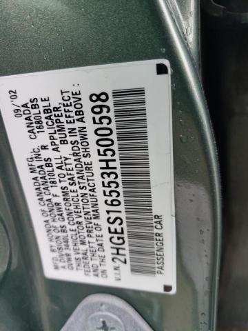 2003 Honda Civic Lx VIN: 2HGES16553H500598 Lot: 55727614