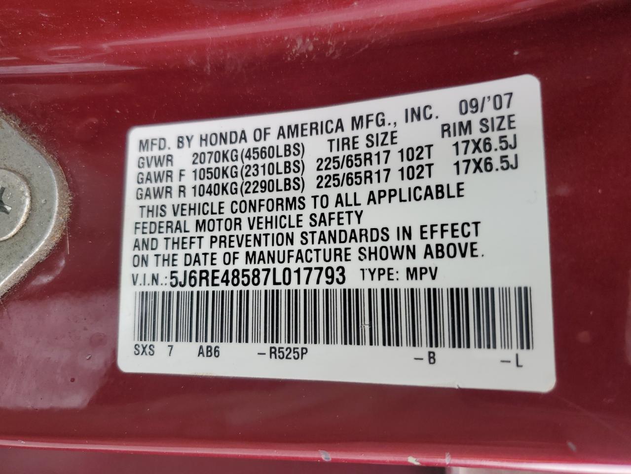 5J6RE48587L017793 2007 Honda Cr-V Ex