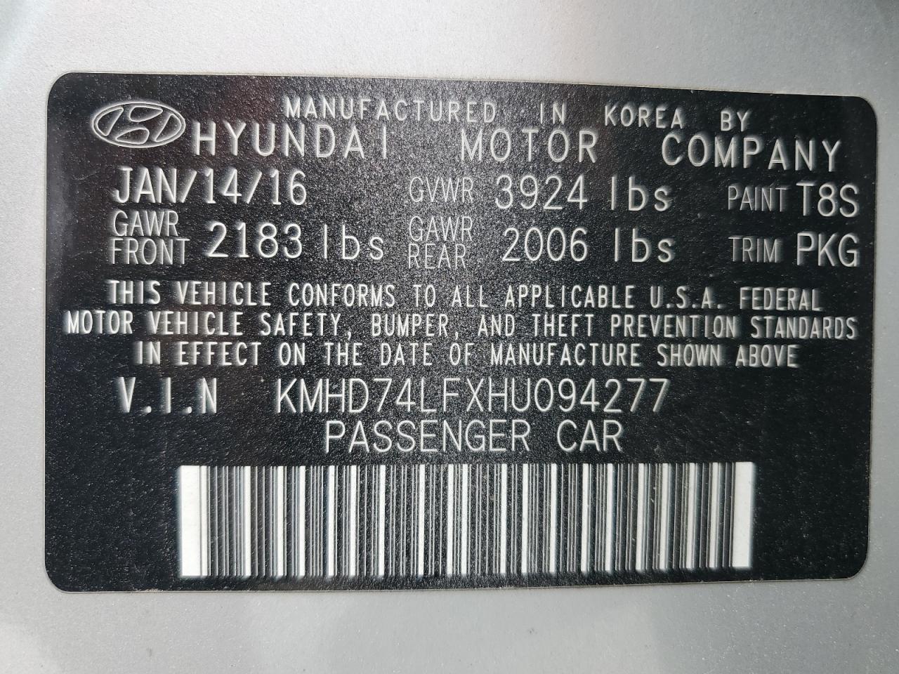 2017 Hyundai Elantra Se vin: KMHD74LFXHU094277