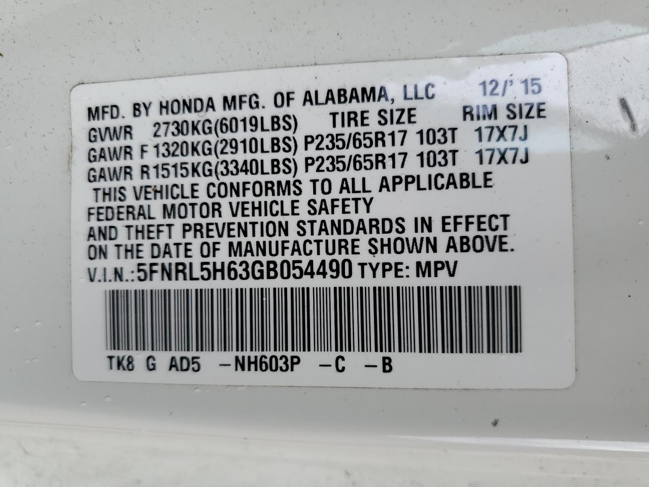 5FNRL5H63GB054490 2016 Honda Odyssey Exl