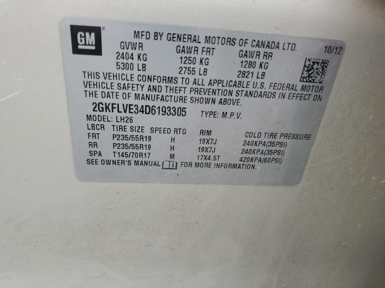 2GKFLVE34D6193305 2013 GMC Terrain Slt