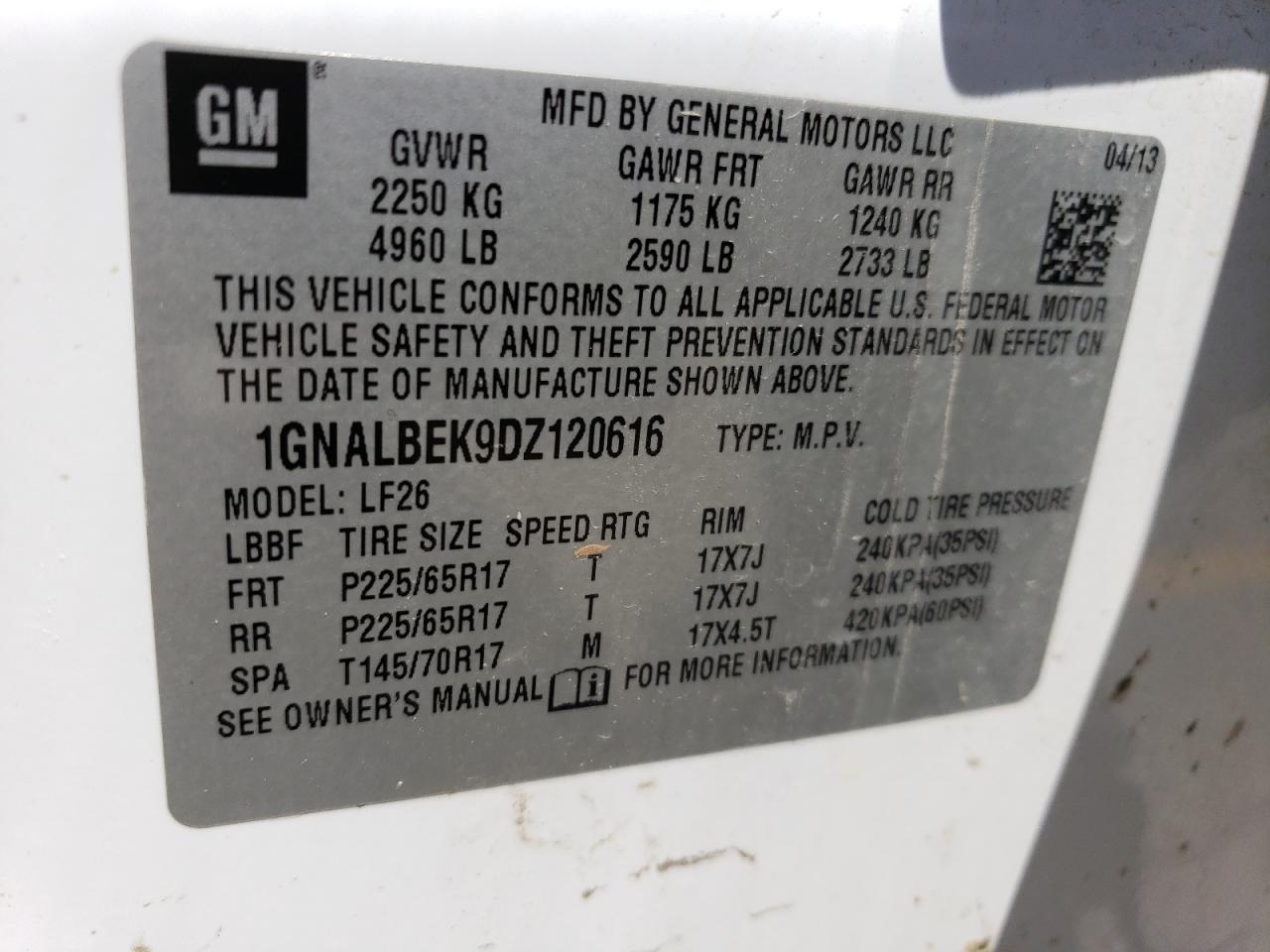 1GNALBEK9DZ120616 2013 Chevrolet Equinox Ls