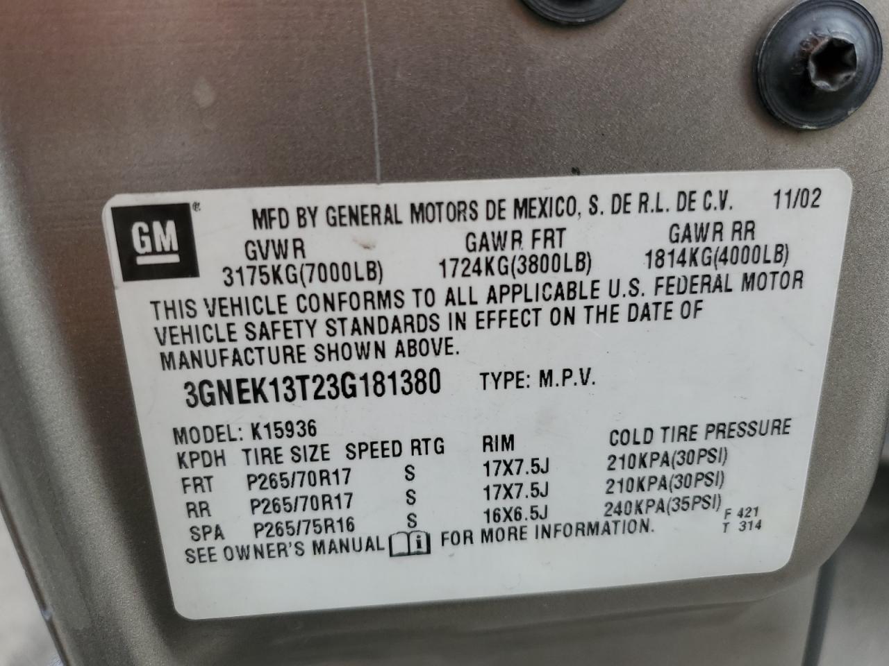 3GNEK13T23G181380 2003 Chevrolet Avalanche K1500