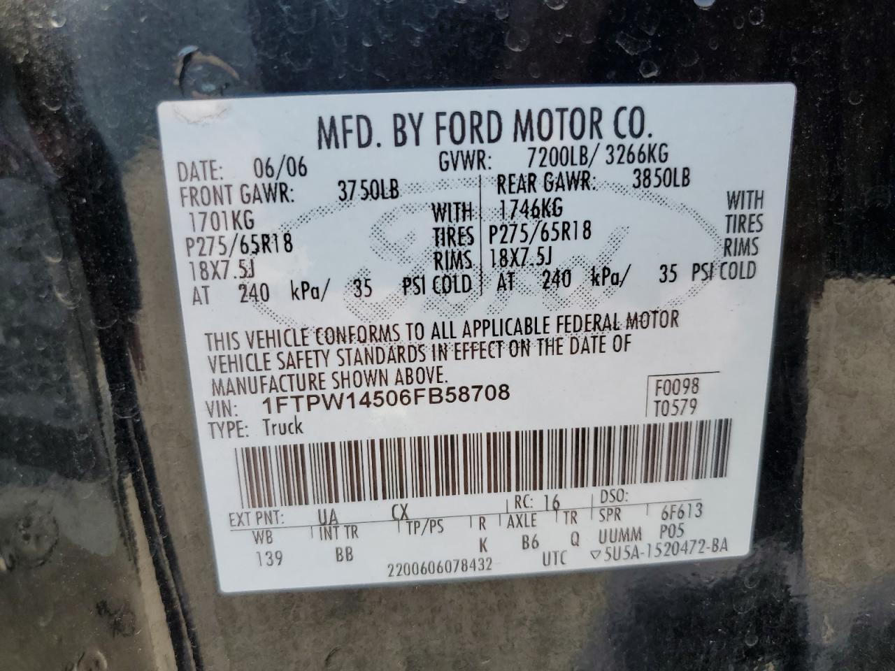 1FTPW14506FB58708 2006 Ford F150 Supercrew