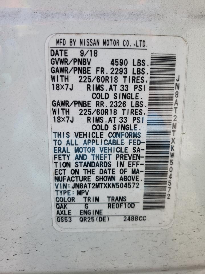 JN8AT2MTXKW504572 2019 Nissan Rogue S