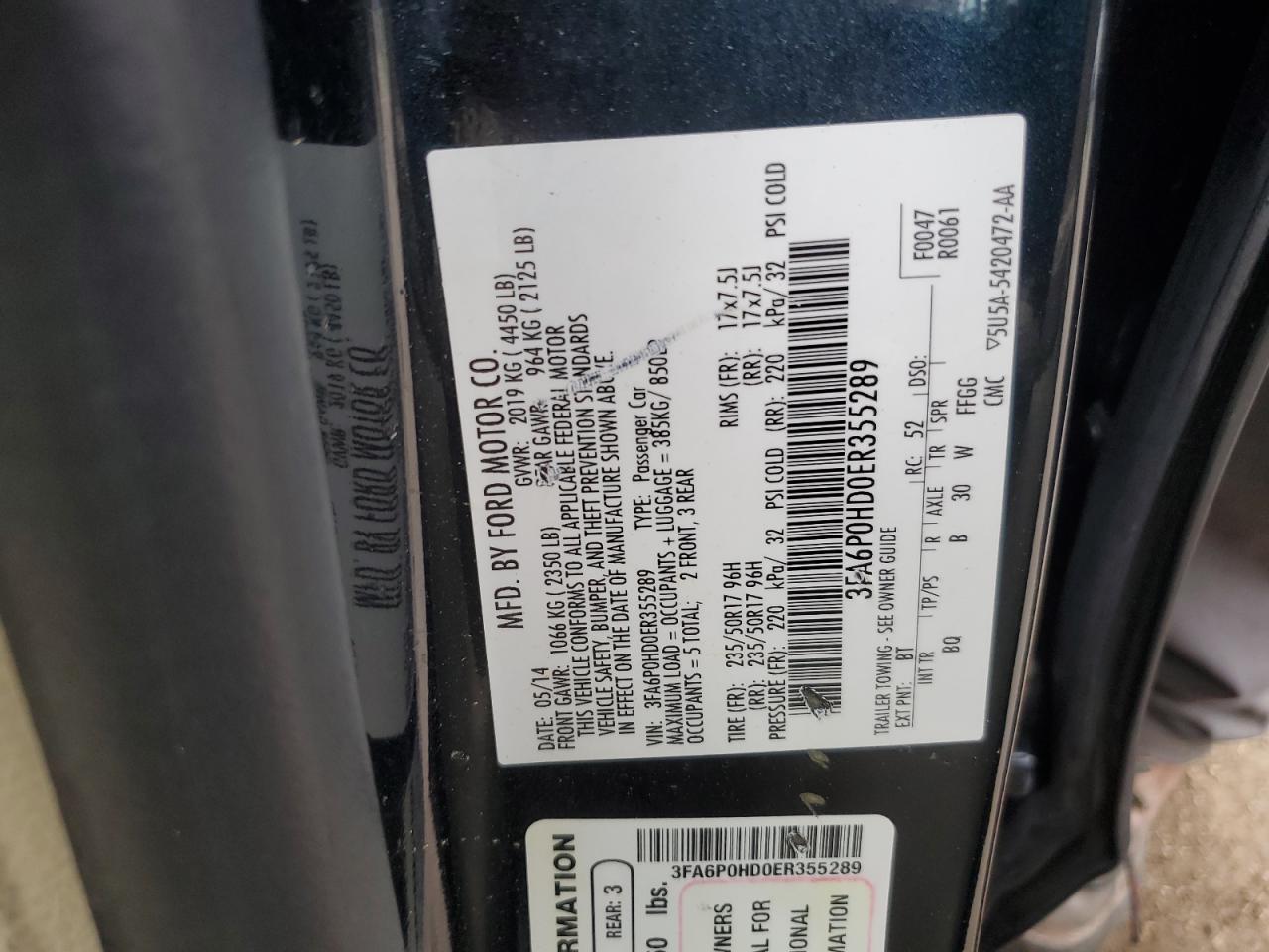 3FA6P0HD0ER355289 2014 Ford Fusion Se