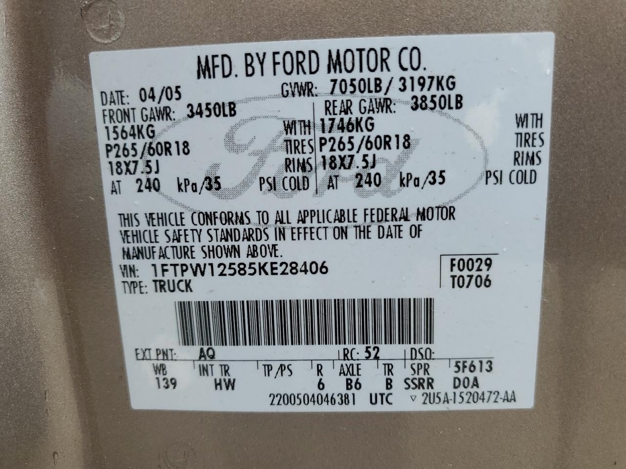 1FTPW12585KE28406 2005 Ford F150 Supercrew