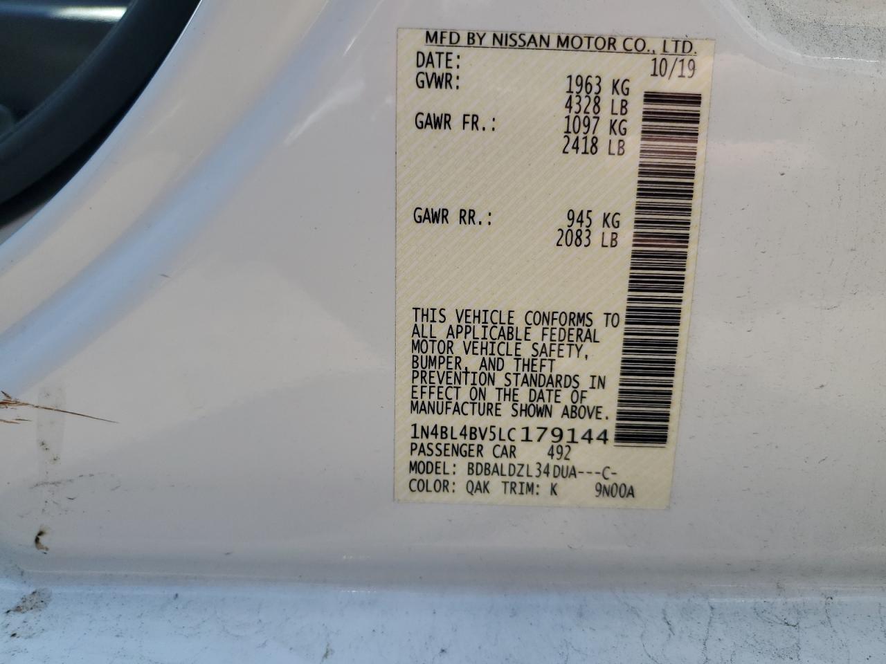 1N4BL4BV5LC179144 2020 Nissan Altima S