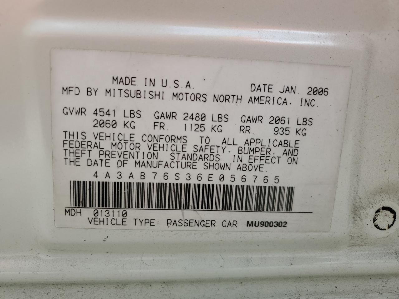 4A3AB76S36E056765 2006 Mitsubishi Galant Gts