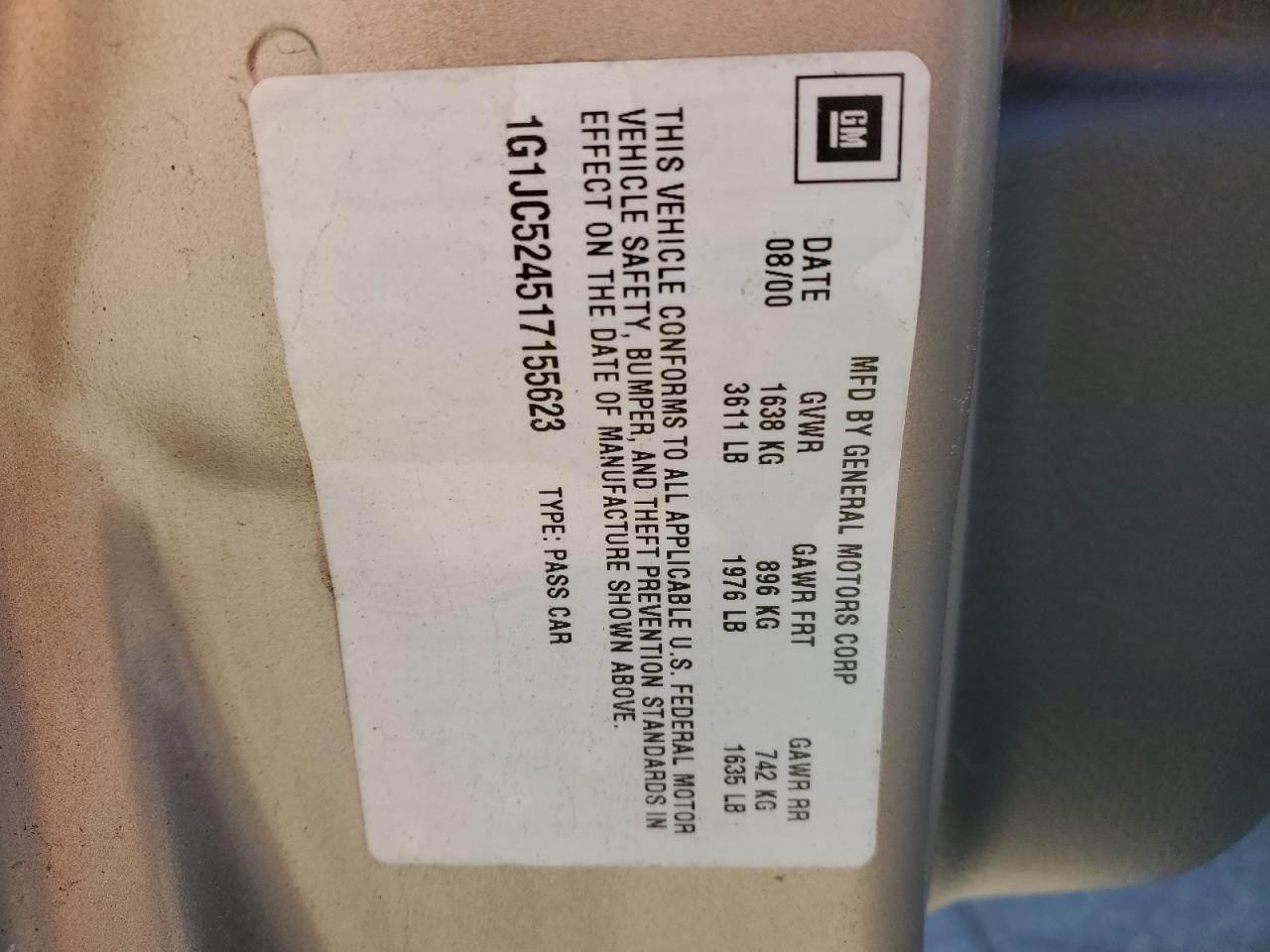 1G1JC524517155623 2001 Chevrolet Cavalier Base