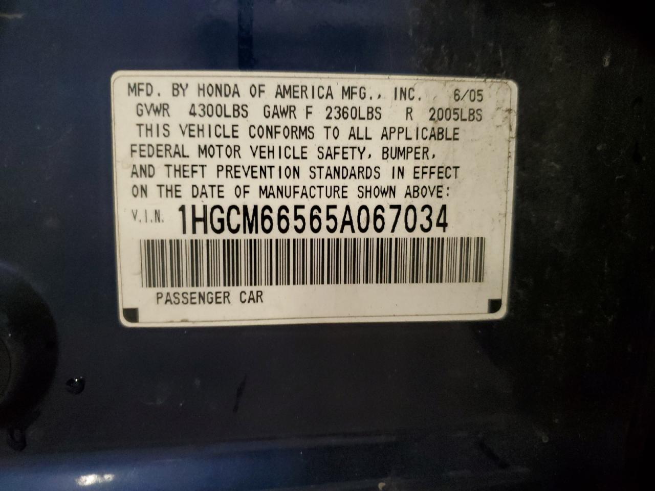 1HGCM66565A067034 2005 Honda Accord Ex