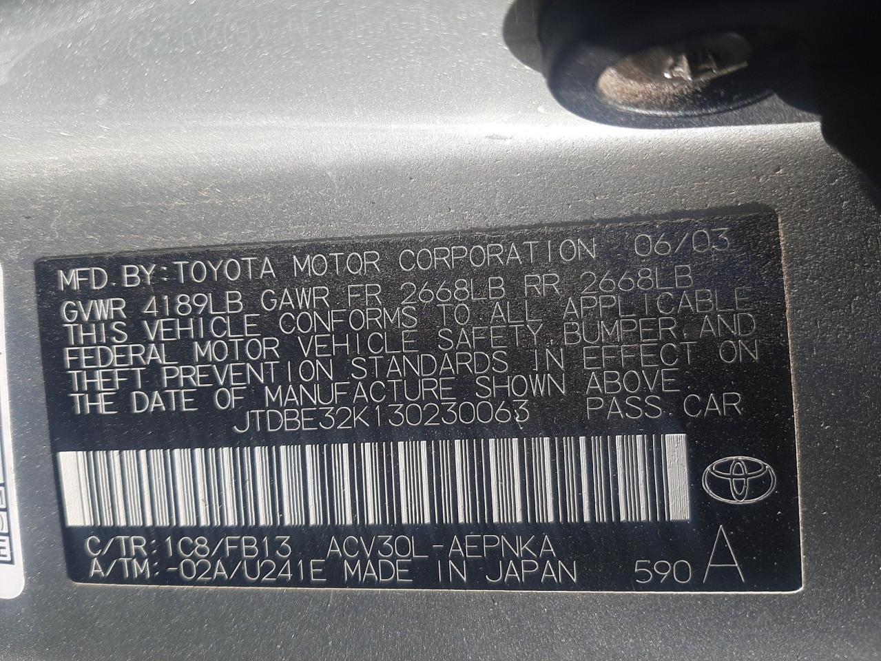 JTDBE32K130230063 2003 Toyota Camry Le