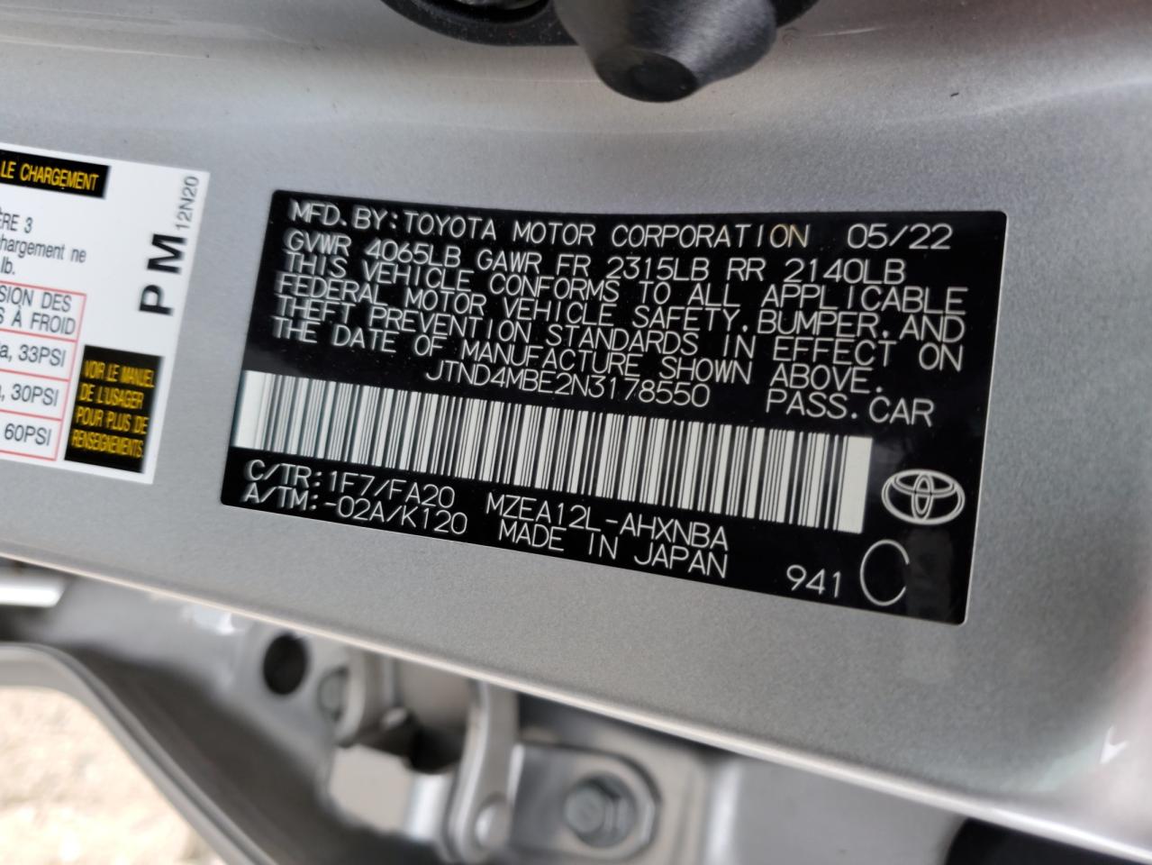 JTND4MBE2N3178550 2022 Toyota Corolla Se