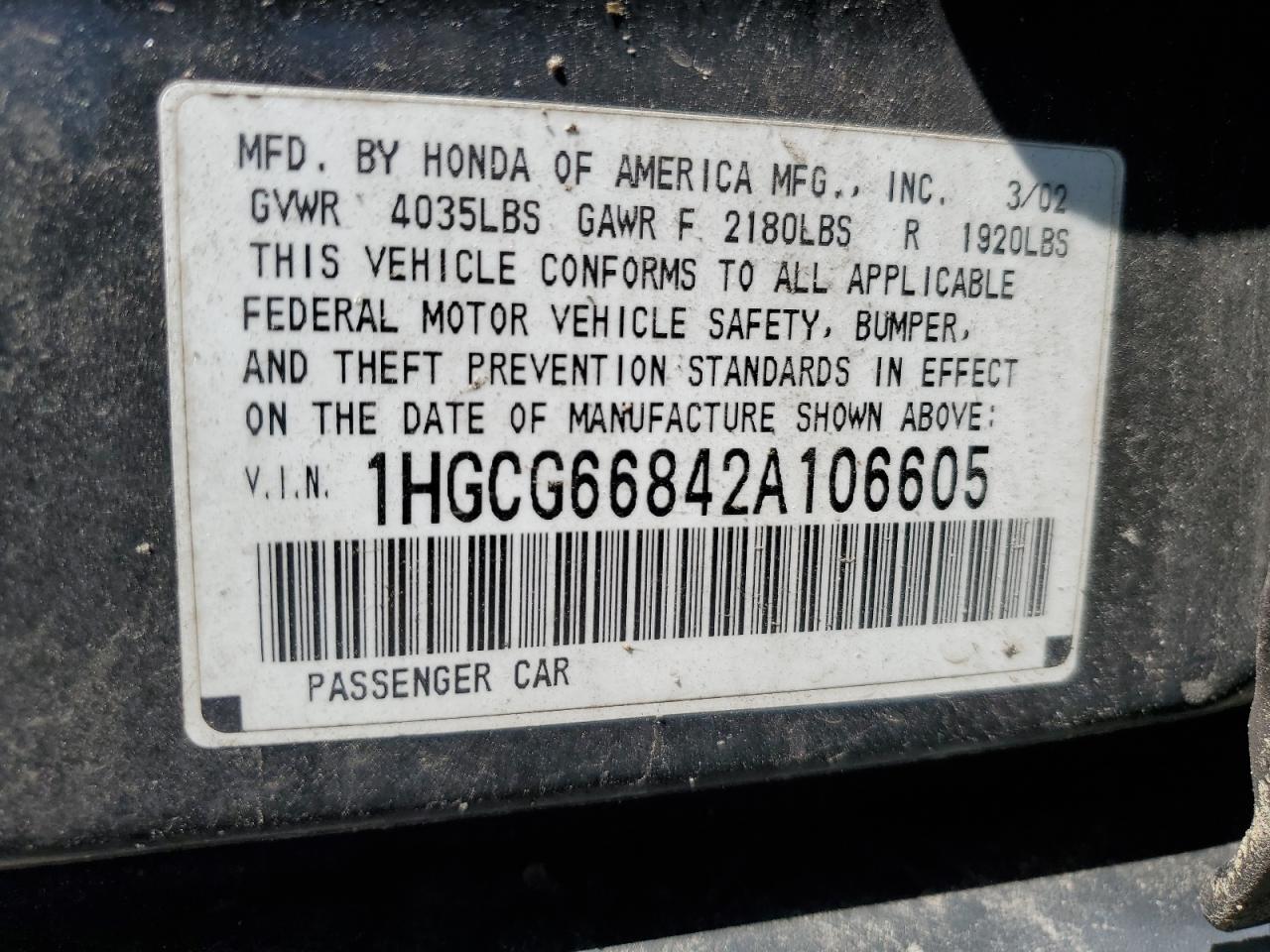 1HGCG66842A106605 2002 Honda Accord Ex