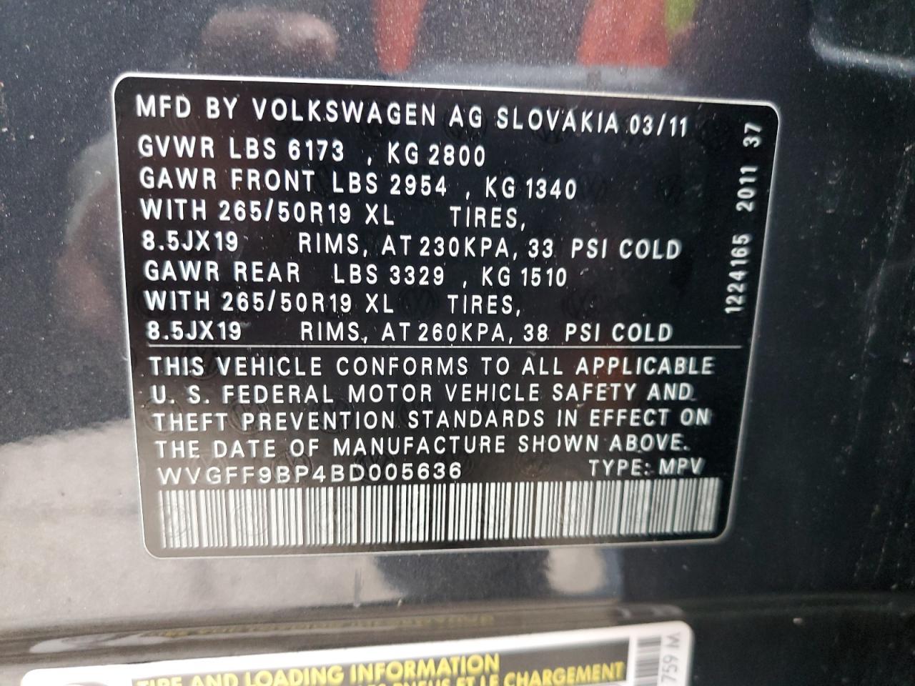 WVGFF9BP4BD005636 2011 Volkswagen Touareg V6