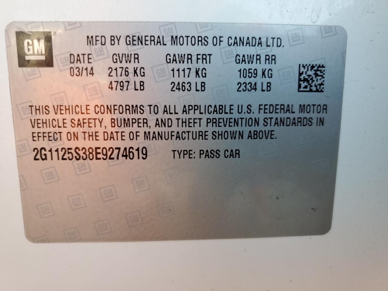 2G1125S38E9274619 2014 Chevrolet Impala Lt