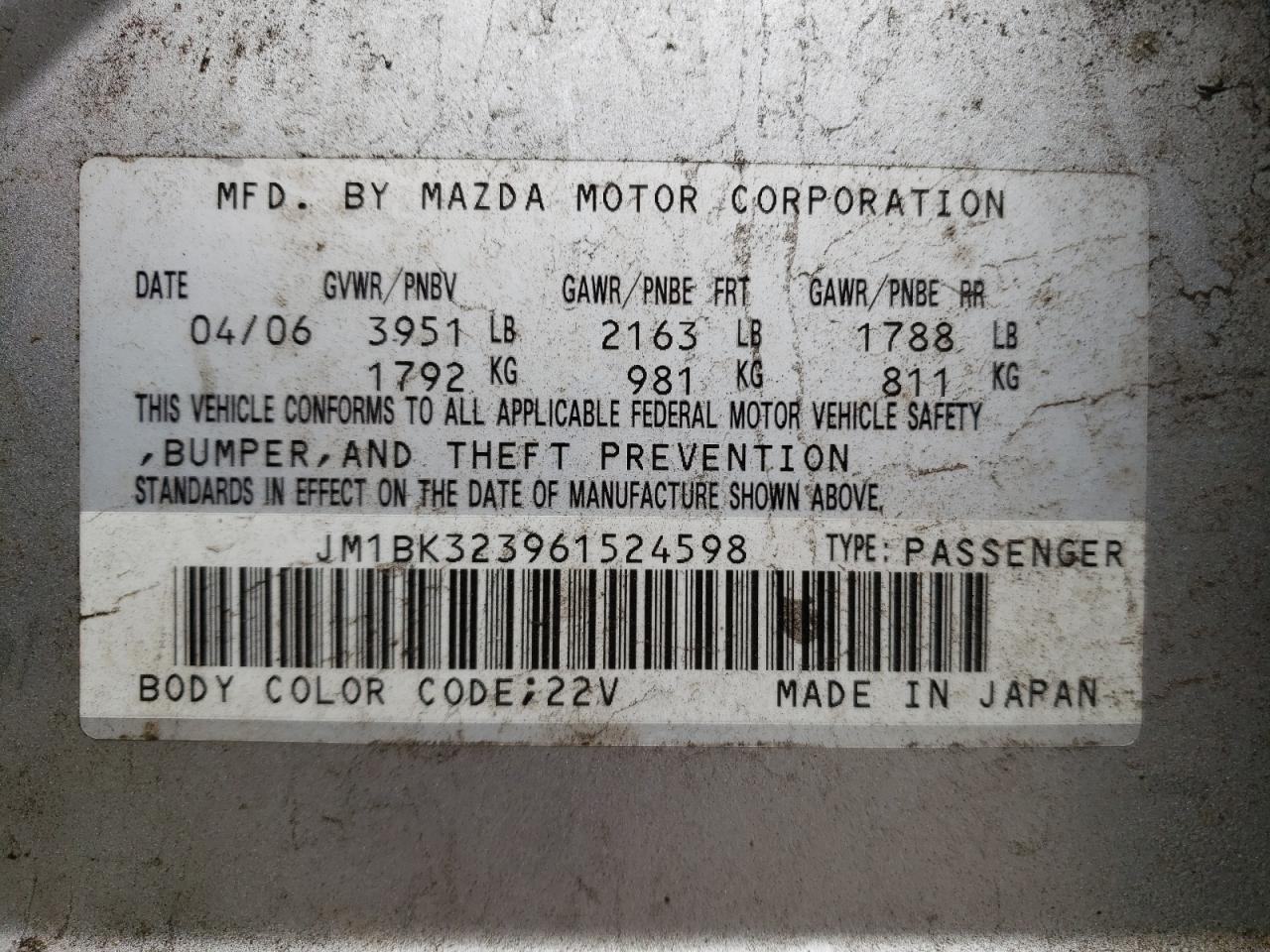 JM1BK323961524598 2006 Mazda 3 S