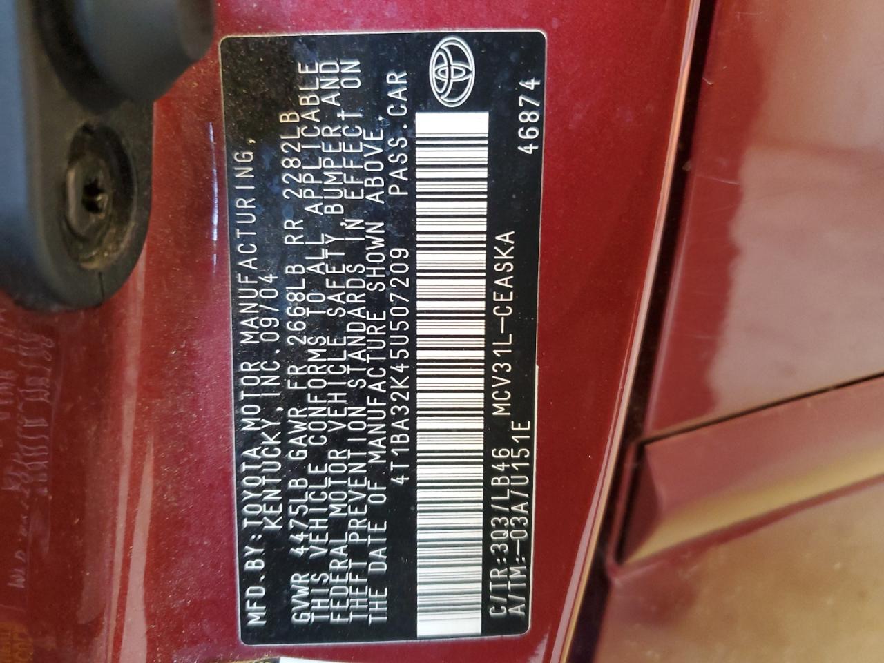 4T1BA32K45U507209 2005 Toyota Camry Se