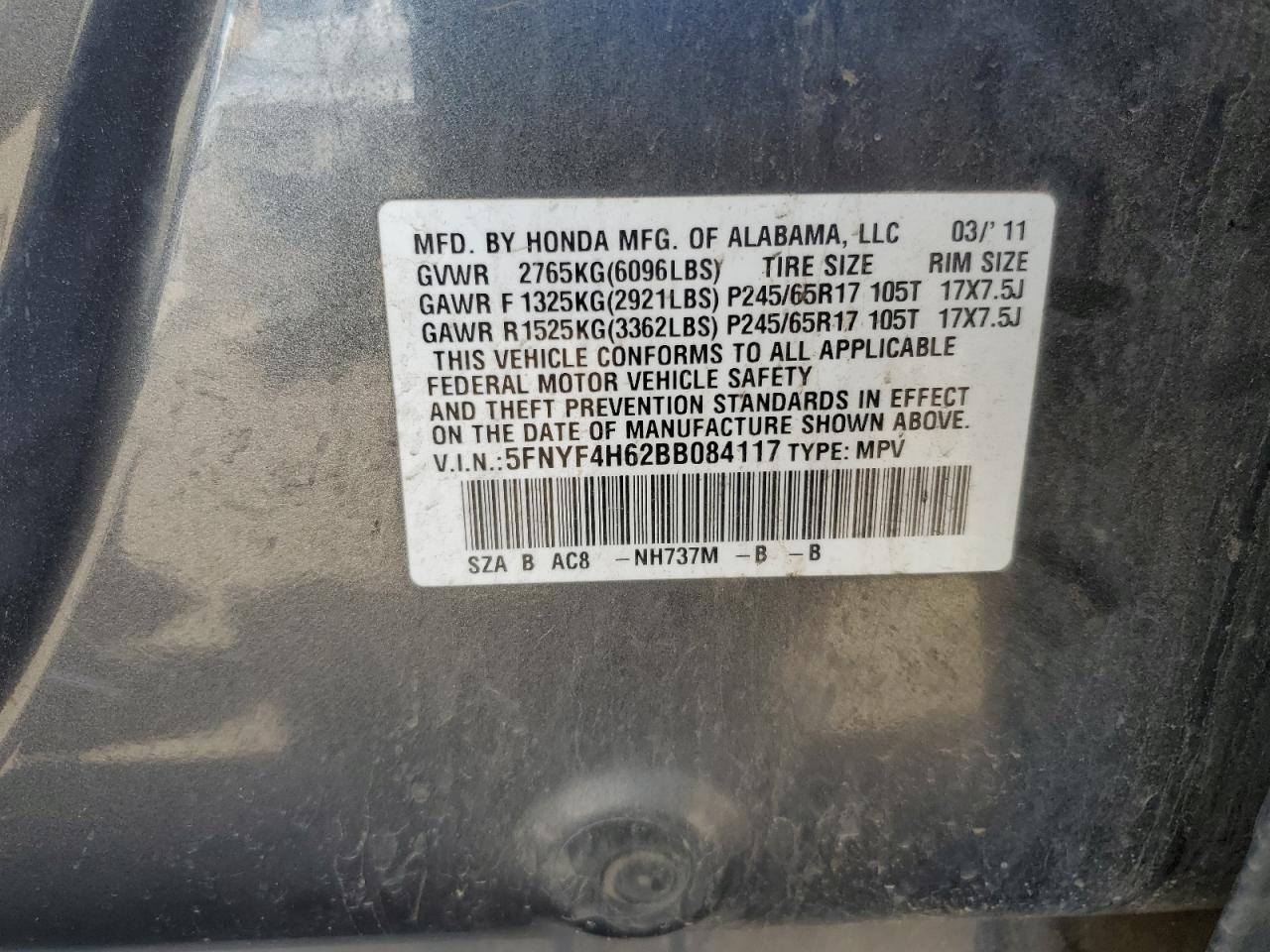 5FNYF4H62BB084117 2011 Honda Pilot Exl