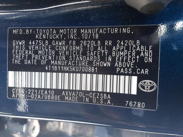 VIN 4T1B11HK5KU700881 2019 Toyota Camry, L no.12