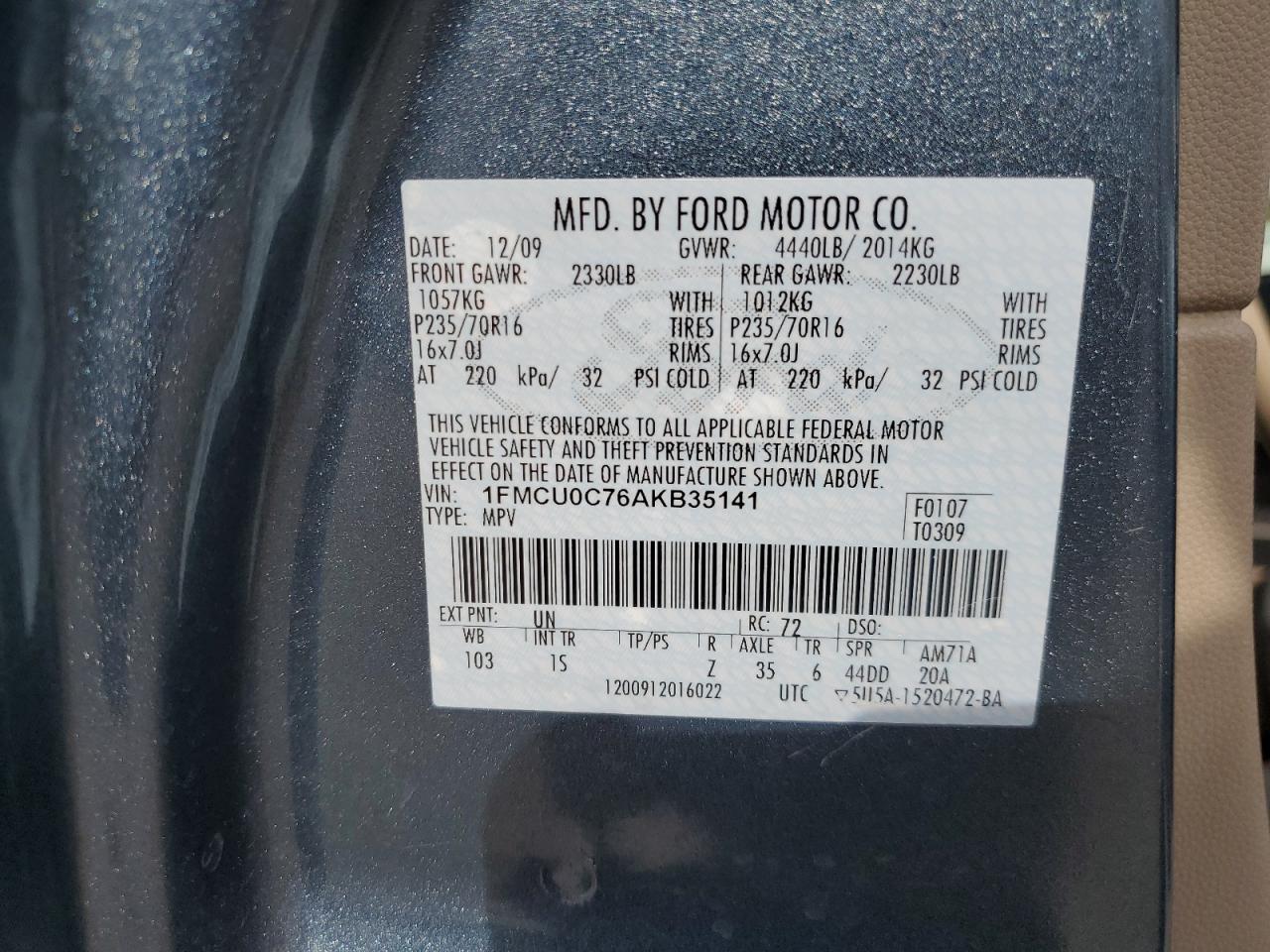 1FMCU0C76AKB35141 2010 Ford Escape Xls