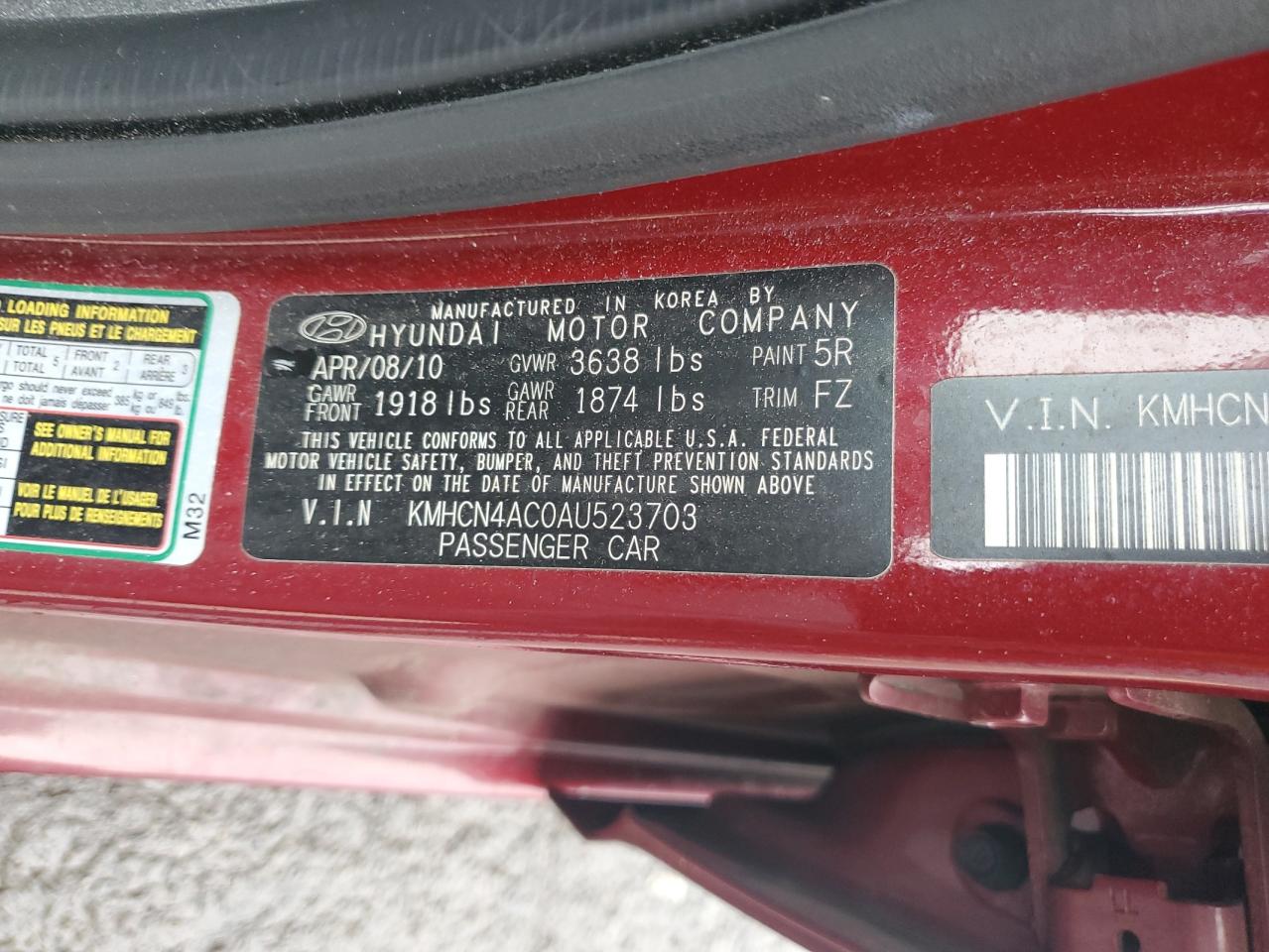 KMHCN4AC0AU523703 2010 Hyundai Accent Gls