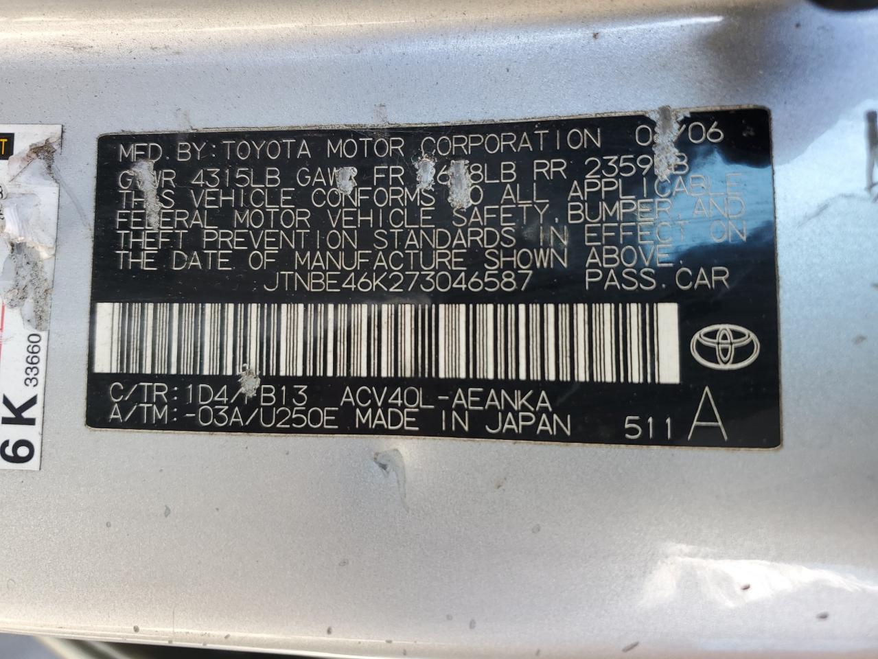 JTNBE46K273046587 2007 Toyota Camry Ce